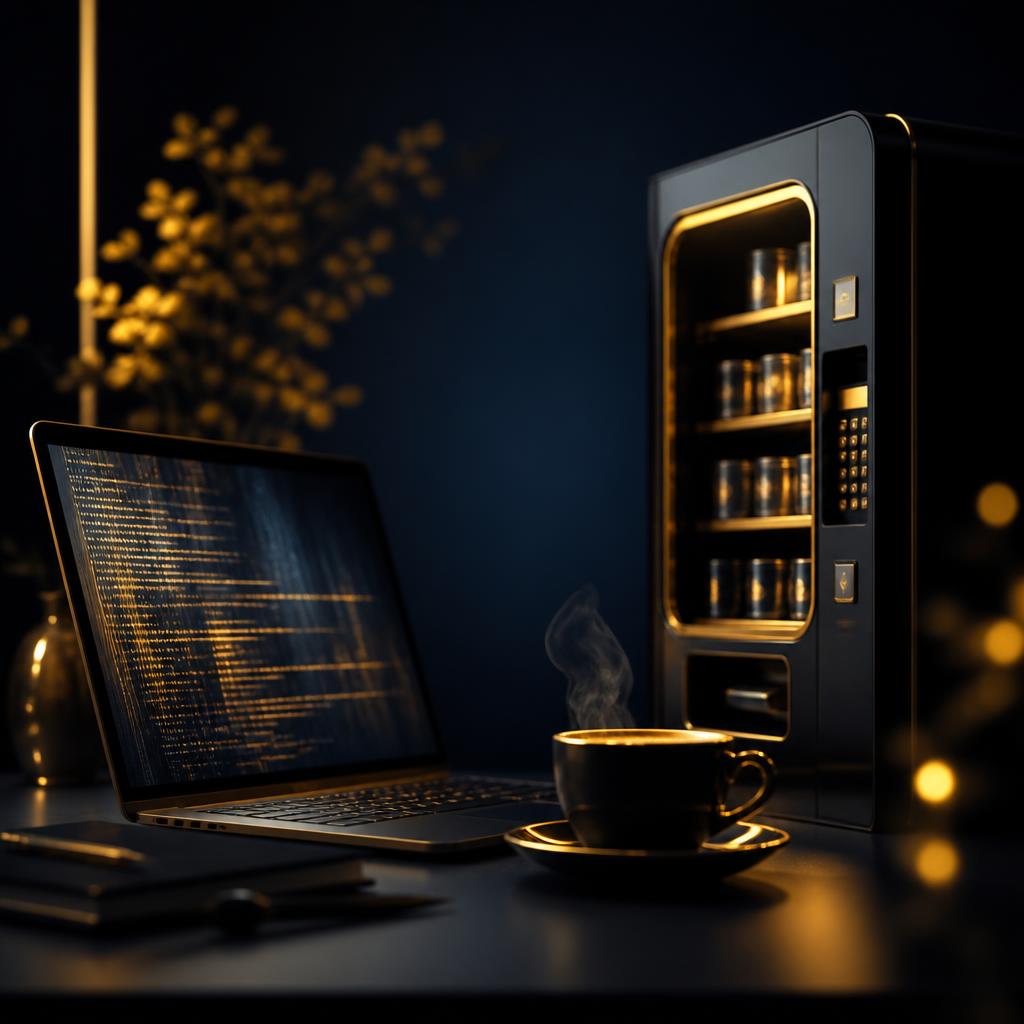 A studio still life of a laptop, espresso cup and vending machine